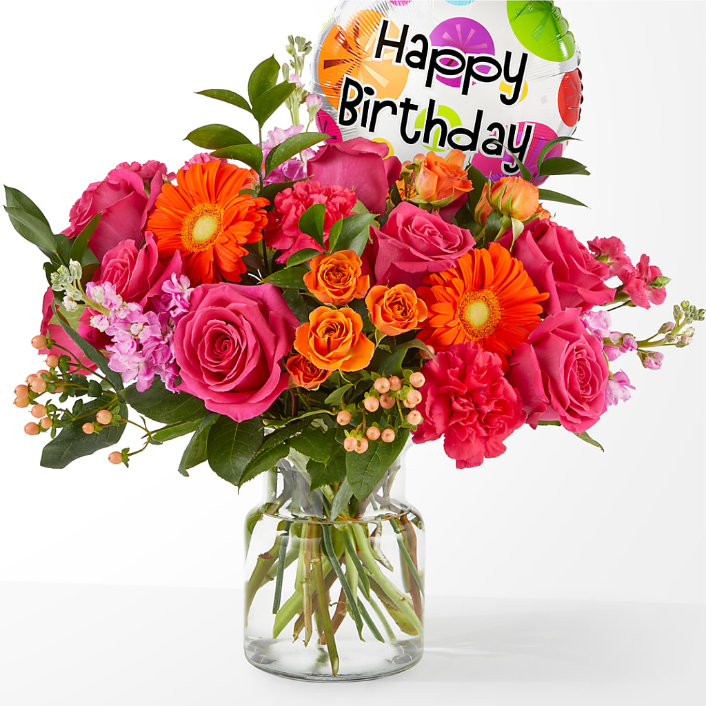 Fiesta Bouquet with Birthday Balloon – Miracle Flowers, Folsom CA