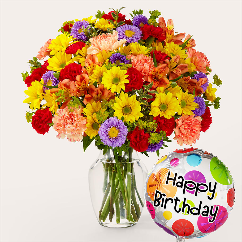 Kaleidoscope Bouquet with Birthday Balloon – Miracle Flowers, Folsom CA