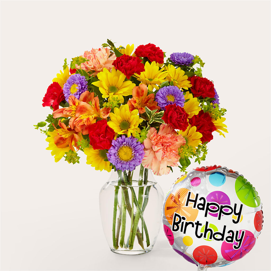 Kaleidoscope Bouquet with Birthday Balloon – Miracle Flowers, Folsom CA