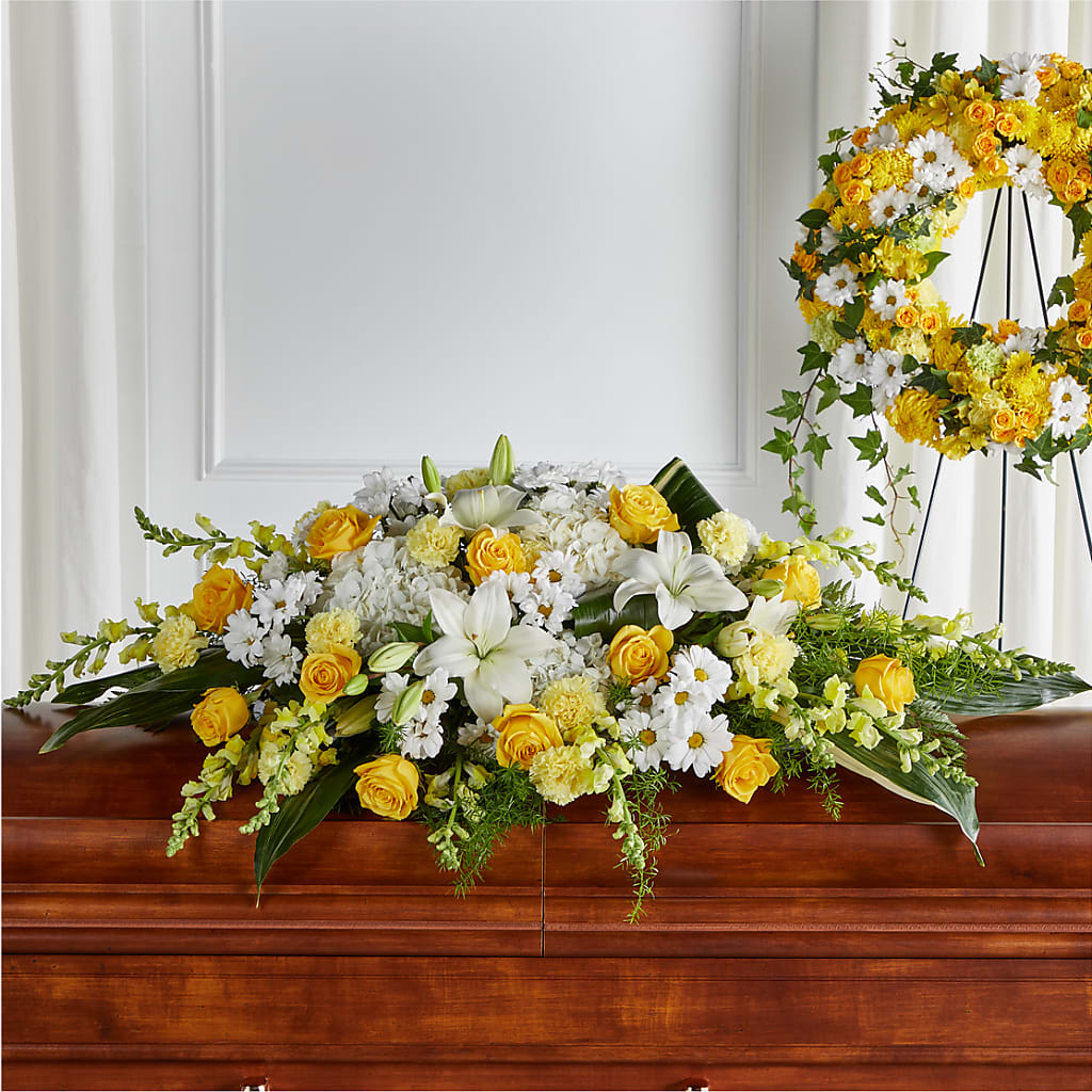 Golden Harmony Casket Spray – Miracle Flowers, Folsom CA