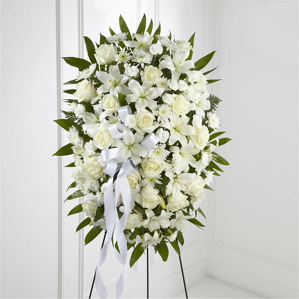 Exquisite Tribute Standing Spray-White Ribbon – Miracle Flowers, Folsom CA