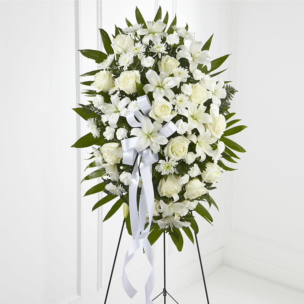 Exquisite Tribute Standing Spray-White Ribbon – Miracle Flowers, Folsom CA