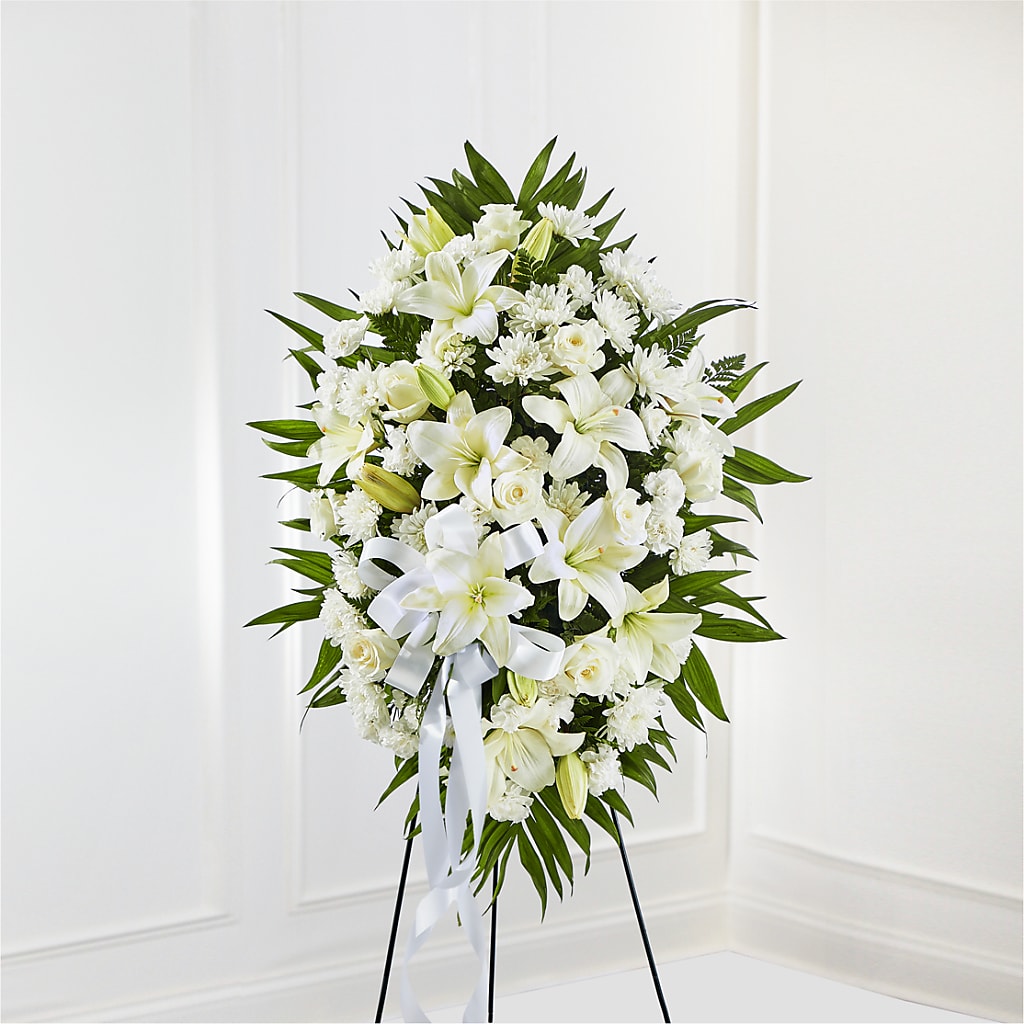 Exquisite Tribute Standing Spray-White Ribbon – Miracle Flowers, Folsom CA