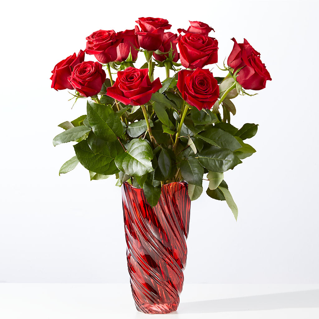 Classic Love Red Rose Bouquet with Luxe Swirl Vase – Miracle Flowers, Folsom CA