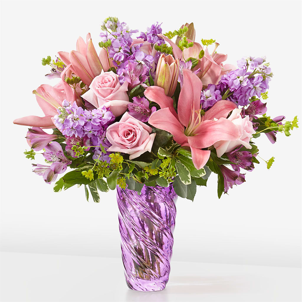 Precious Petals Bouquet with Luxe Swirl Vase – Miracle Flowers, Folsom CA