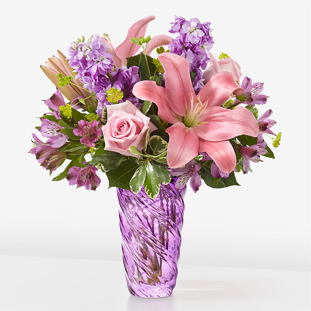 Precious Petals Bouquet with Luxe Swirl Vase – Miracle Flowers, Folsom CA