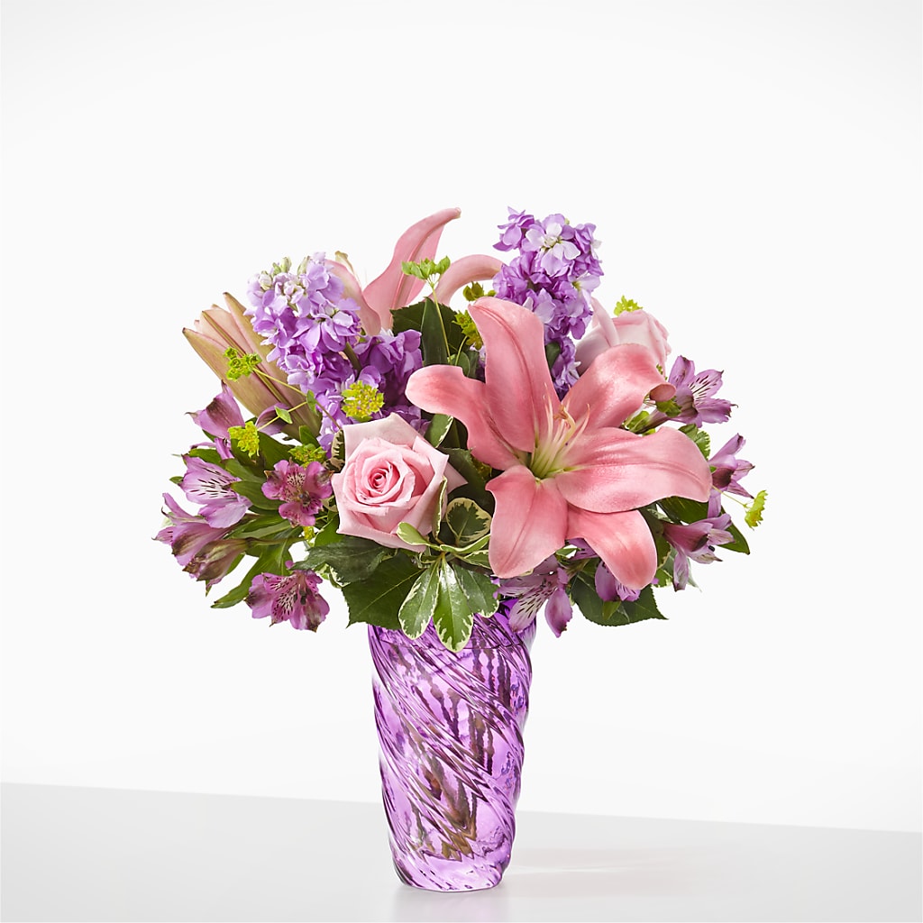 Precious Petals Bouquet with Luxe Swirl Vase – Miracle Flowers, Folsom CA
